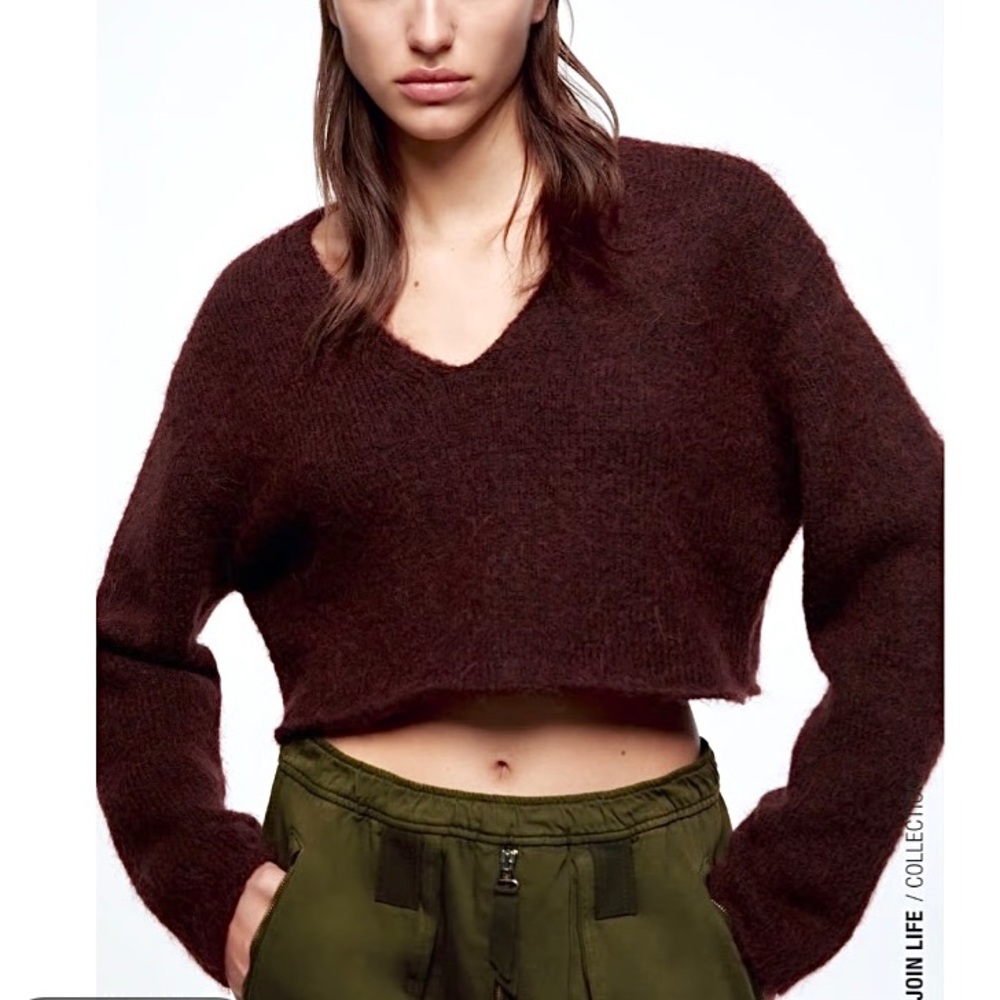 Zara Alpaca Wool Fuzzy Knit Cropped V neck Sweater bloggers favorite MED